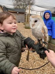 A young child holding
          a Barn Owl with another child in the background